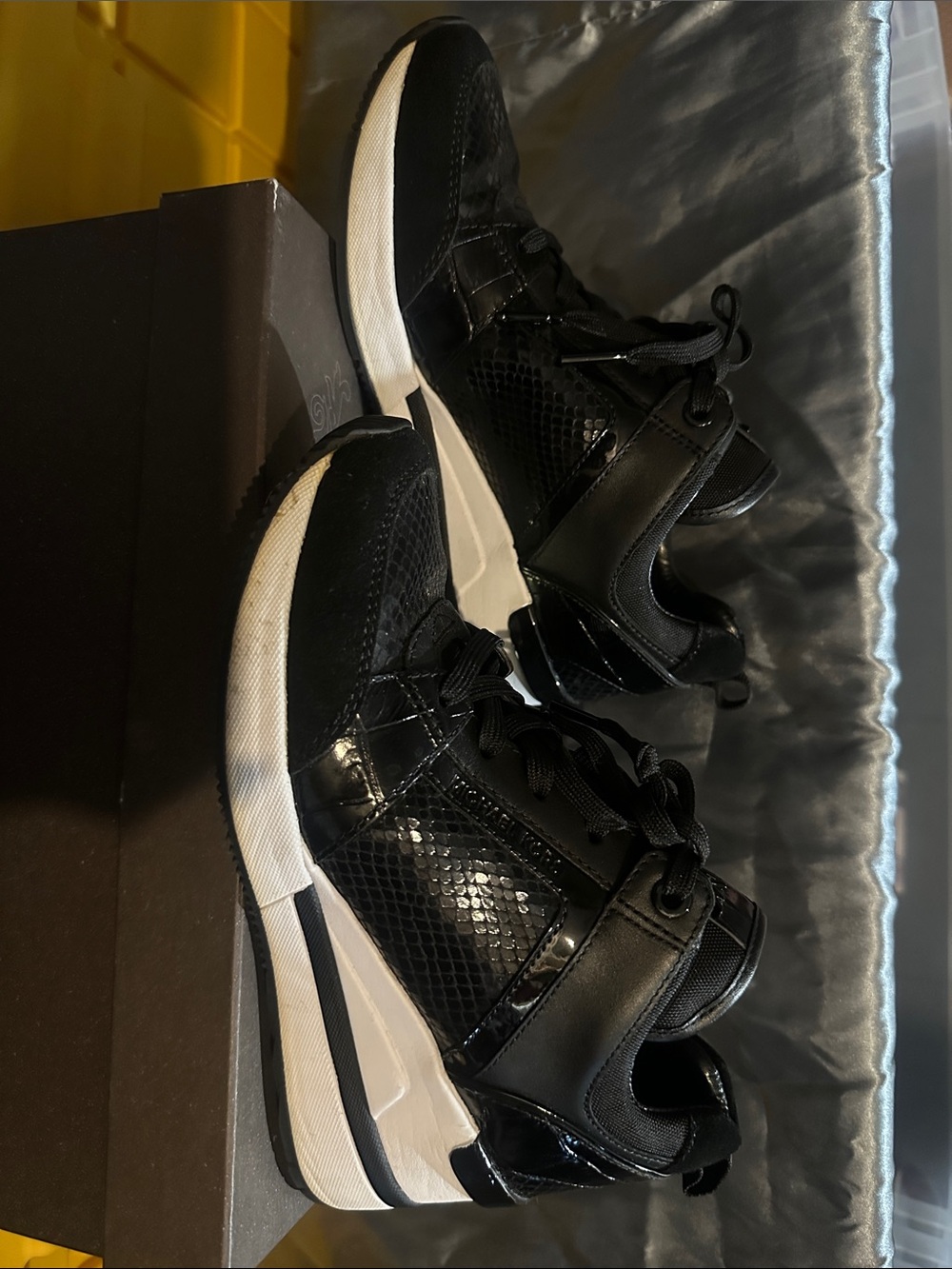 Michael Kors Black Mixed-Texture Lace-Up Sneakers - Picture 2 of 8